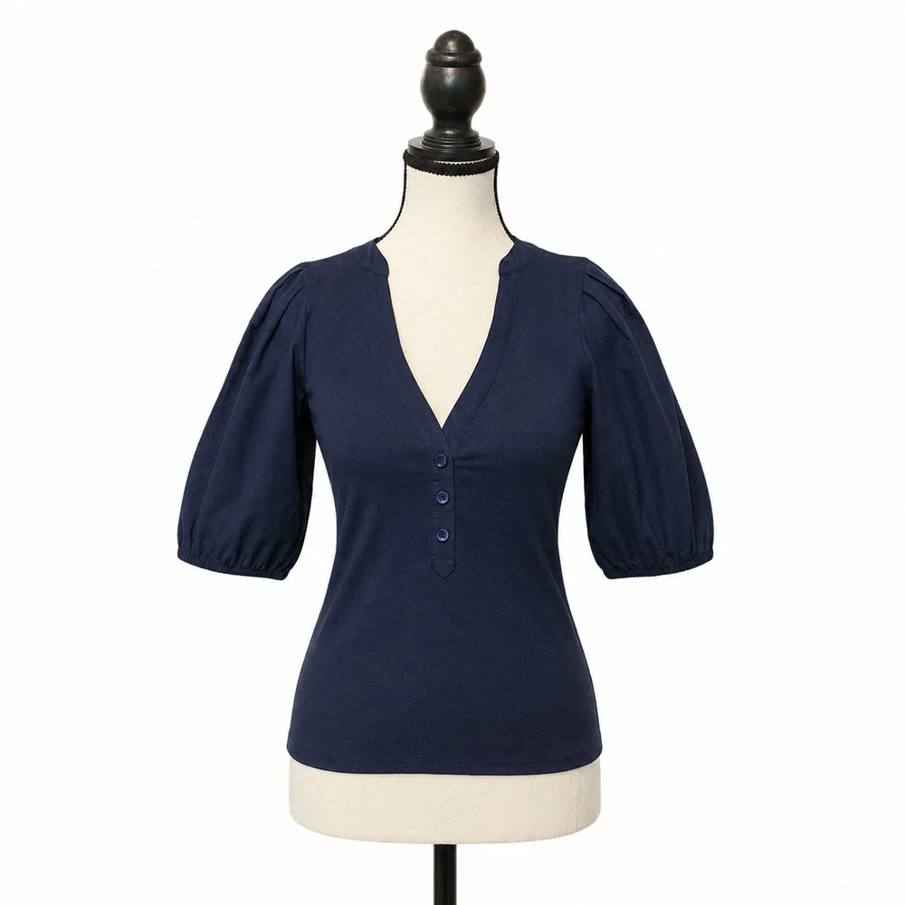 Madewell Puff Sleeve Henley Knit Top Womens Size XS Navy Blue Modal Blend NWT